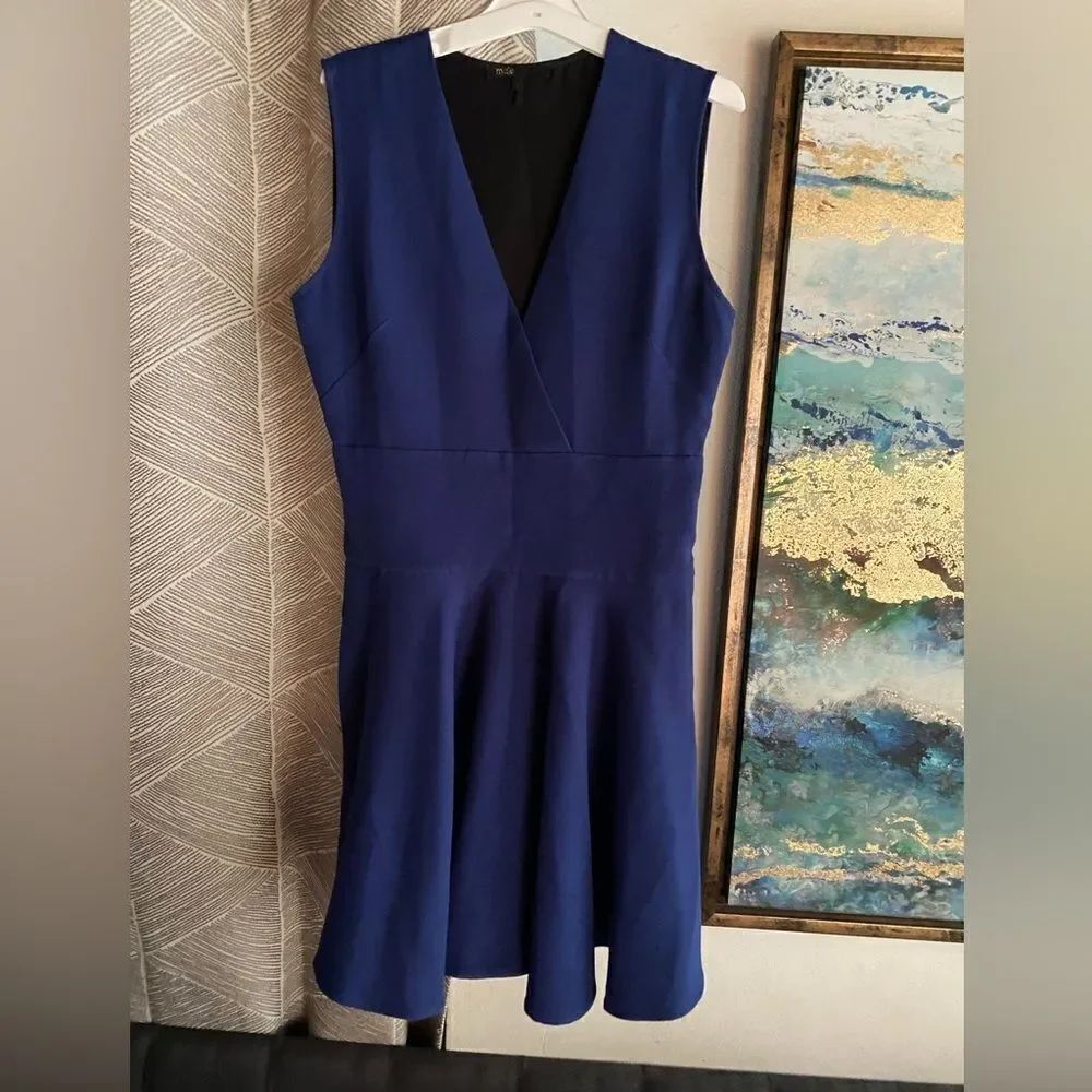 MAJE Mini Dress Womens Sz 2 Blue Fit & Flare Sleeveless V Neck Zip
